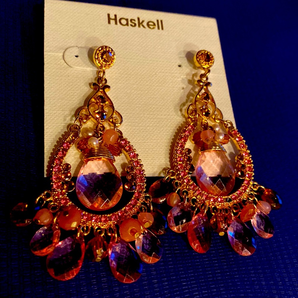Haskell Sparkling Pink Smokey Taupe Brown Stones Crystals Earrings NWOT